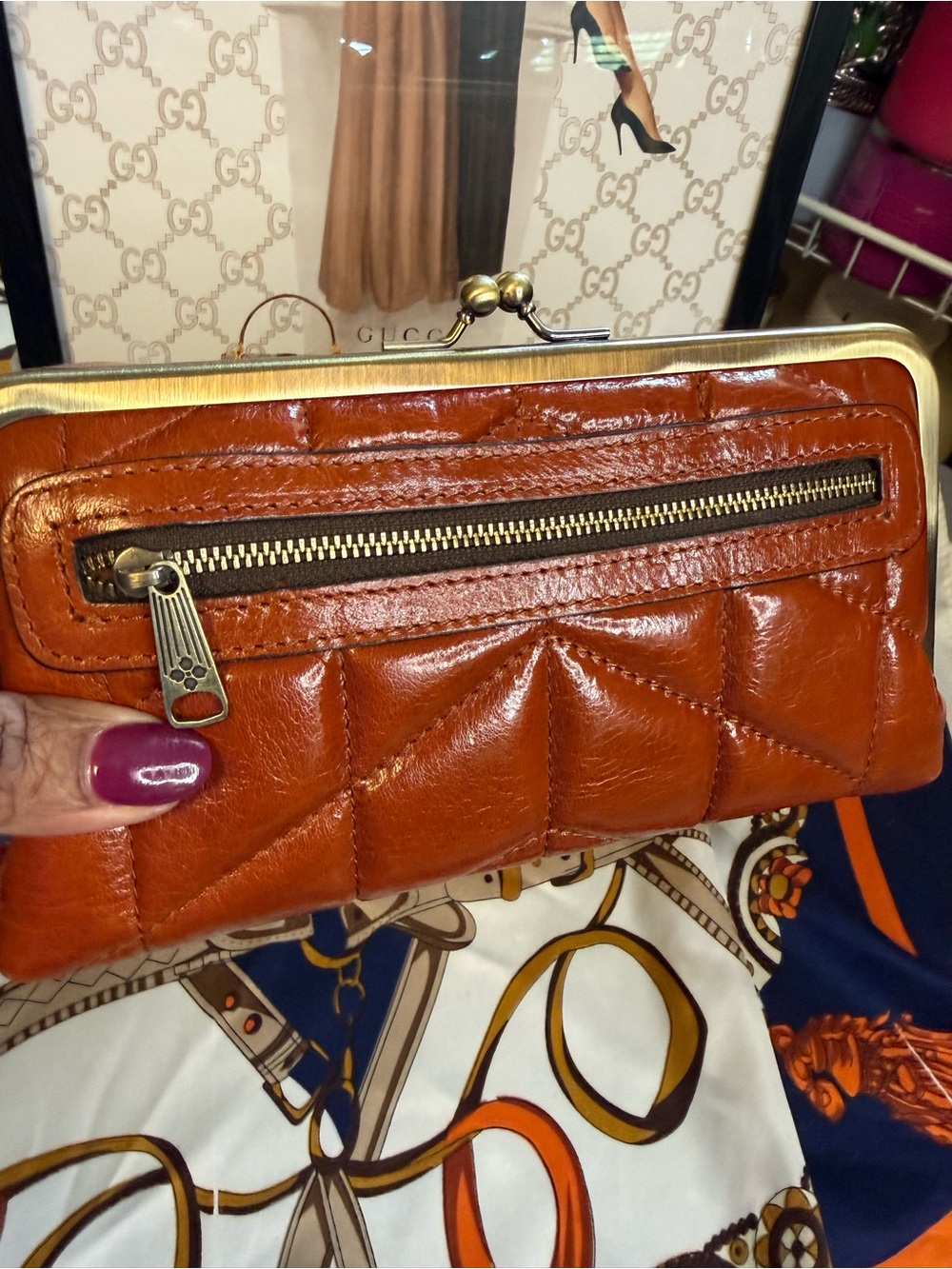 Patricia Nash Burnished Cognac Quilted Leather Kiss Lock Wallet- NWOT
